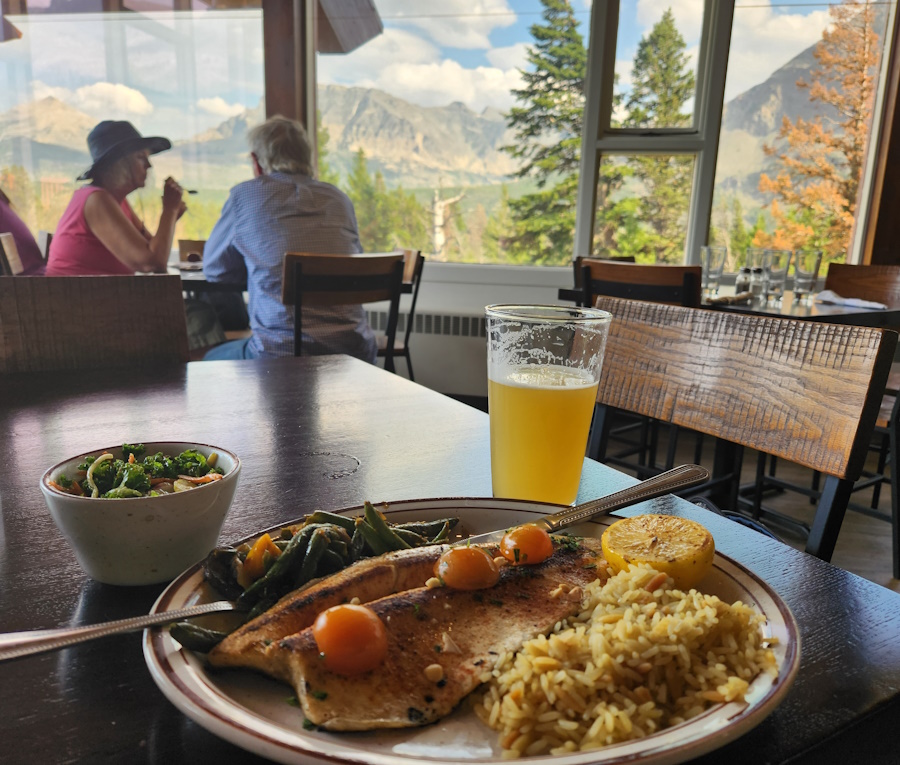 trout with a view and a beer